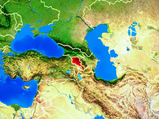 Armenia from space on model of planet Earth with country borders and very detailed planet surface.