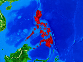 Philippines from space on model of planet Earth with country borders and very detailed planet surface.