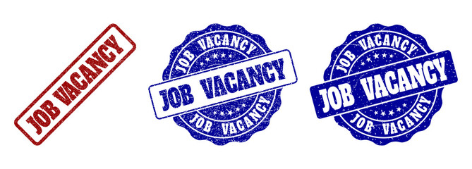 JOB VACANCY grunge stamp seals in red and blue colors. Vector JOB VACANCY labels with distress surface. Graphic elements are rounded rectangles, rosettes, circles and text labels.