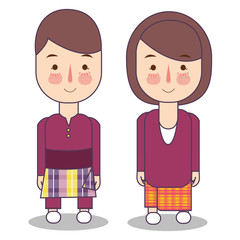 Malaysia bride and groom cartoon wedding. traditional national clothes. Set of cartoon characters in traditional costume. Illustration vector.