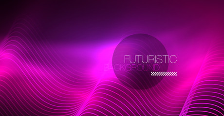 Abstract shiny glowinng color wave design element on dark background - science or technology concept