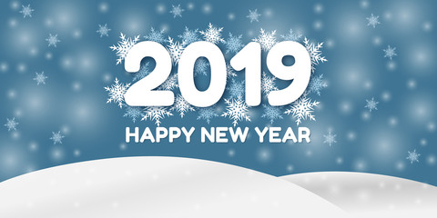 Winter snow scene with snowflakes  - 2019 Happy New Year steel blue banner