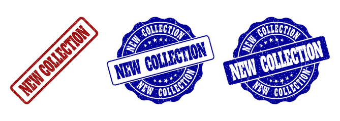 NEW COLLECTION grunge stamp seals in red and blue colors. Vector NEW COLLECTION overlays with dirty effect. Graphic elements are rounded rectangles, rosettes, circles and text labels.