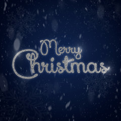 Merry Christmas typography on gradient dark blue background with snow. Beautiful Christmas background with shiny silver gritter typography. Christmas greeting card text.