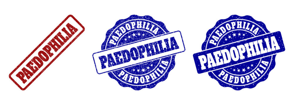 PAEDOPHILIA scratched stamp seals in red and blue colors. Vector PAEDOPHILIA overlays with draft texture. Graphic elements are rounded rectangles, rosettes, circles and text tags.