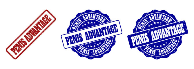 PENIS ADVANTAGE grunge stamp seals in red and blue colors. Vector PENIS ADVANTAGE labels with draft texture. Graphic elements are rounded rectangles, rosettes, circles and text labels.