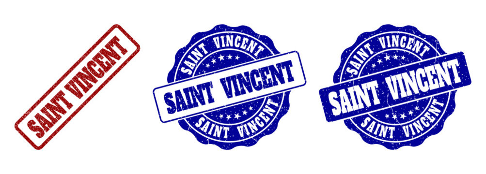 SAINT VINCENT grunge stamp seals in red and blue colors. Vector SAINT VINCENT imprints with grunge texture. Graphic elements are rounded rectangles, rosettes, circles and text titles.