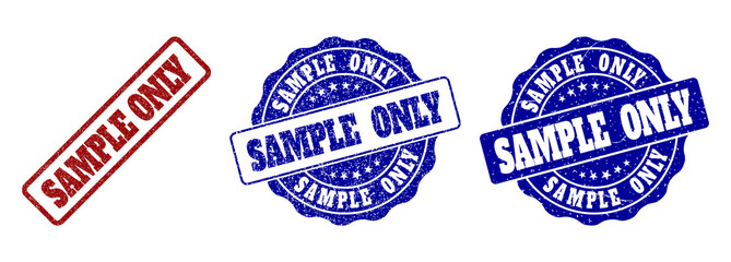 SAMPLE ONLY scratched stamp seals in red and blue colors. Vector SAMPLE ONLY watermarks with scratced style. Graphic elements are rounded rectangles, rosettes, circles and text tags.