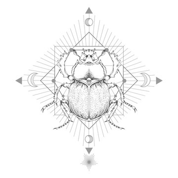 Vector illustration with hand drawn scarab and Sacred geometric symbol on white background. Abstract mystic sign. 