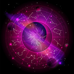 Vector illustration of Horoscope circle with Zodiac constellations against the space background.