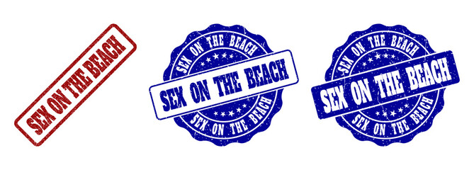 SEX ON THE BEACH grunge stamp seals in red and blue colors. Vector SEX ON THE BEACH signs with grunge style. Graphic elements are rounded rectangles, rosettes, circles and text captions.