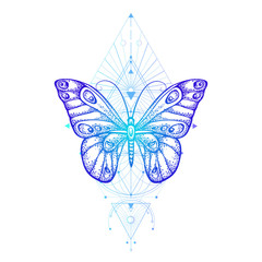 Fototapeta na wymiar Vector illustration with hand drawn butterfly and Sacred geometric symbol on white background. Abstract mystic sign.