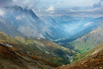 Fototapeta premium Fantastic views of the Alpine mountains on the territories of Itila and Switzerland on a tourist route around Mont Blanc