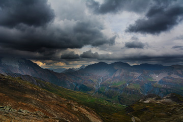 Fantastic views of the Alpine mountains on the territories of Itila and Switzerland on a tourist route around Mont Blanc