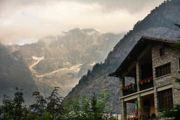 Fototapeta na wymiar Fantastic views of the Alpine mountains on the territories of Itila and Switzerland on a tourist route around Mont Blanc
