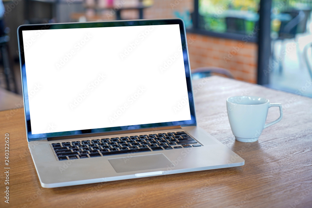 Poster mock up using laptop with blank screen computer modern