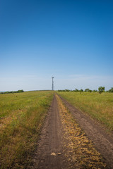 Road between green fields and wind turbines on blue sky background