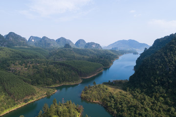 Aerial view of Karst mountains and lake