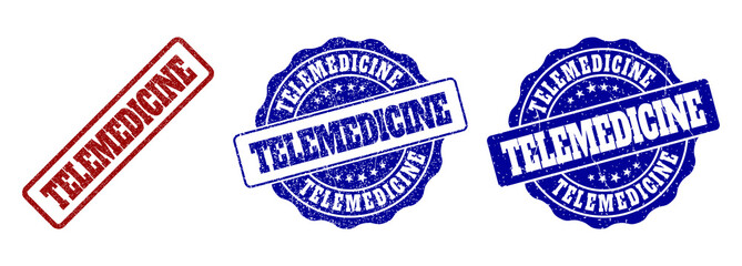 TELEMEDICINE grunge stamp seals in red and blue colors. Vector TELEMEDICINE marks with grunge texture. Graphic elements are rounded rectangles, rosettes, circles and text titles.