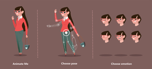 Set of woman emotions and character for animation pose. Cartoon character animation set for your motion design. Business girl cartoon - Vector