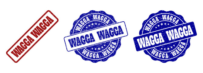 WAGGA scratched stamp seals in red and blue colors. Vector WAGGA overlays with grainy texture. Graphic elements are rounded rectangles, rosettes, circles and text titles.