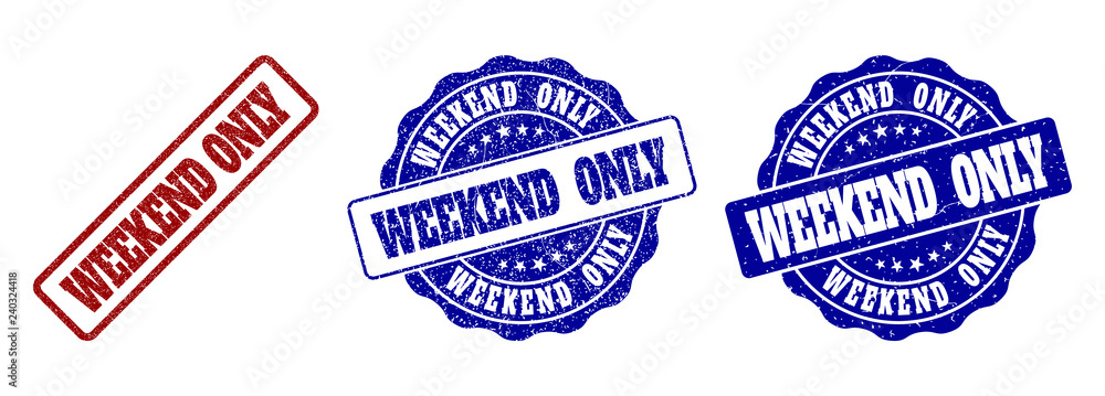 Poster weekend only grunge stamp seals in red and blue colors. vector weekend only overlays with grunge tex