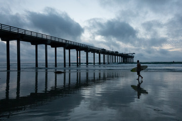 Silhouette of a surfer walking on the beach under a pier in San Diego California