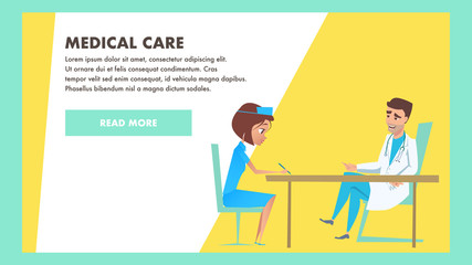 Medical Care Banner. Doctor and Nurse Characters.