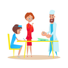 Pediatrician Doctor Weighing Newborn. Flat Cartoon