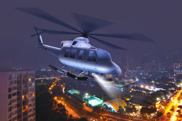 Helicopter flying over the city