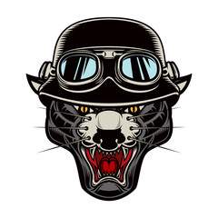 Illustration of pantera head in biker helmet. Design element for logo, label, emblem, sign, poster, t shirt. © liubov