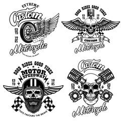Set of racer emblem templates with motorcycle motor, wheels. wings. Design element for logo, label, emblem, sign, poster, t shirt.