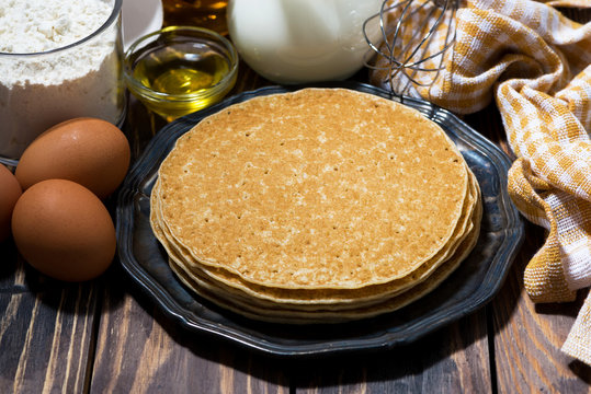 traditional thin pancakes and ingredients