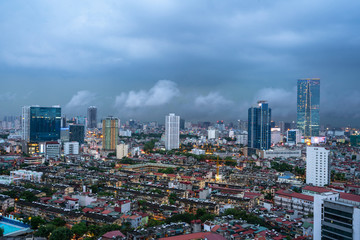 Aerial skyline view of Hanoi city, Vietnam. Hanoi cityscape by sunset period at Ba Dinh district viewing from Lang Ha street