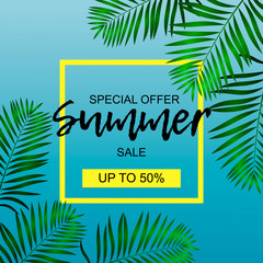 Summer Sale template banner. Space for text. Yellow frame. Colorful jungle background.