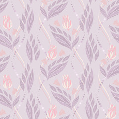 Seamless vector floral pattern with abstract flowers and leaves in pastel purple colors on light background