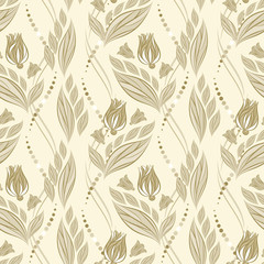 Seamless vector floral pattern with abstract flowers and leaves in gold-beige colors on light background