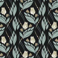 Seamless vector floral pattern with abstract flowers and leaves in gold and silver colors on black background