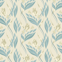 Seamless vector floral pattern with abstract flowers and leaves in pastel blue colors on light background