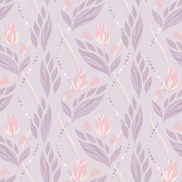 Seamless vector floral pattern with abstract flowers and leaves in pastel purple colors on light background
