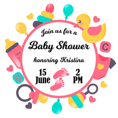 Baby shower card. It’s a girl. Vector illustration isolated on white. Space for text.