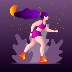 Vector illustration of a roller girl in motion skating in the nighttime.