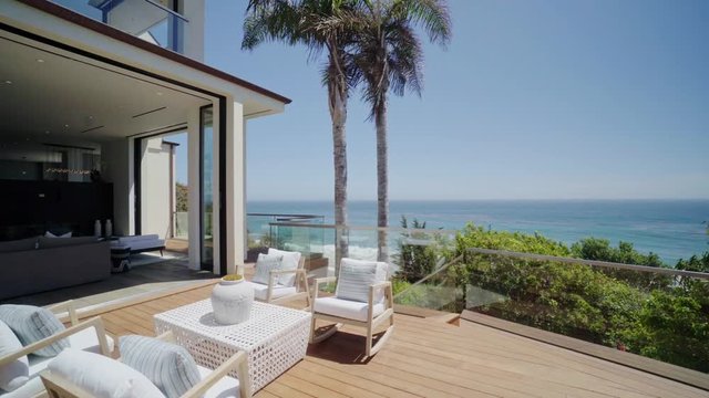 Modern interior with ocean view in Malibu on PCH, shot of real estate interior, house holding in California