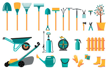 Set of various colorful gardening tools. Flat design illustration of items for gardening and farming . Vector illustration.