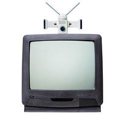 classic vintage retro Style old  television with cut out screen,old  television with old tv antennaon isolated background.