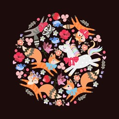 Round pattern with cherrful animals: kitten, foxes, raccoon and unicorn. Lily, poppy, rose flowers, berries, leaves and hearts isolated on black background.