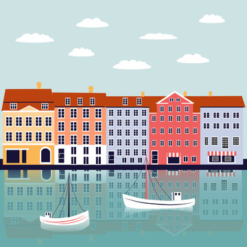 Nyhavn Copenhagen Denmark landmark vector cartoon illustration, danish decorative flat background, colorful building on river, architecture historic sight attraction, Travel sightseeing landscape