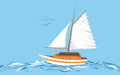 Steamboat isolated on white. Transportation sailboat with lifebuoy, speedboat floating vector icon - Vector