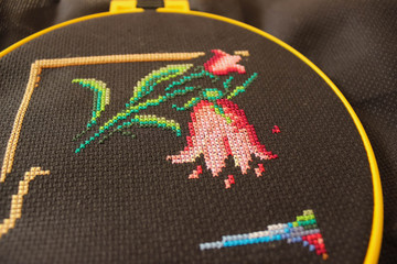 Embroidery on a black canvas.