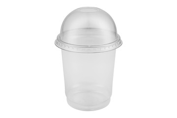 large plastic transparent glass with a lid for smoothies and for other drinks, on a white background